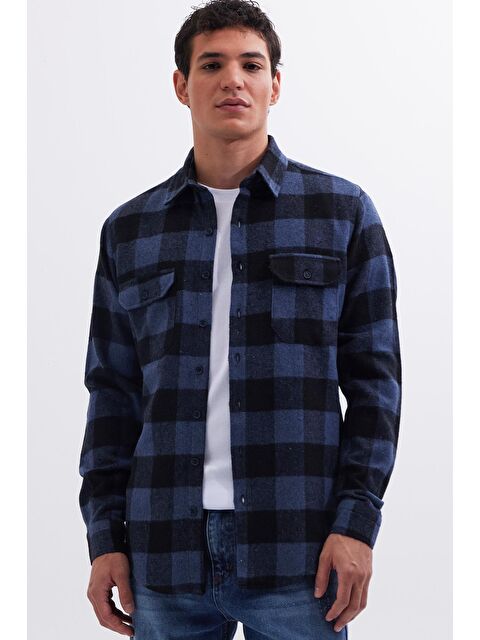 TUDORS Erkek Slim Fit Dar Kesim Uzun Kollu Kapaklı Çift Cepli Kareli Kışlık Oduncu Gömlek - S000493665-23173