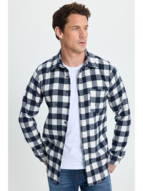 TUDORS Erkek Slim Fit Dar Kesim Uzun Kollu Cepli Kareli Dama Desenli Kışlık Oduncu Gömlek - S000493668-23173