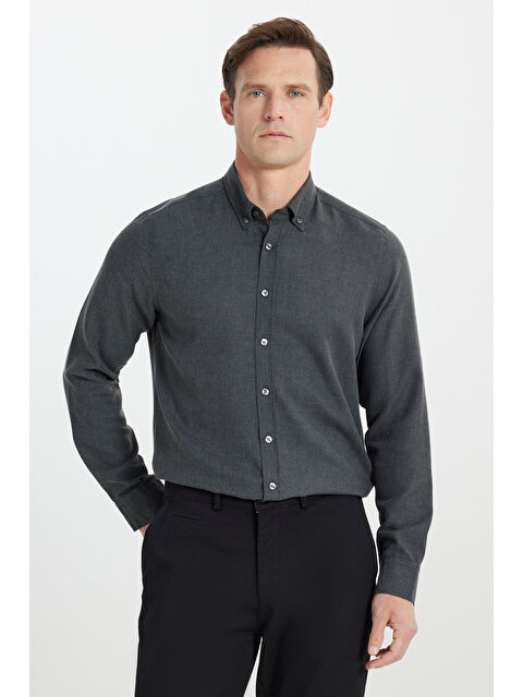 Altınyıldız Classics Erkek Antrasit Pamuklu Flanel Slim Fit Dar Kesim Düğmeli Yaka Gömlek - S000402471-29666
