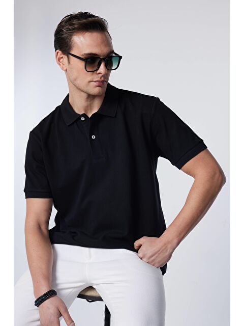 TUDORS Erkek Klasik Fit Rahat Kesim %100 Pamuk Düz Pike Siyah Polo Yaka Tişört