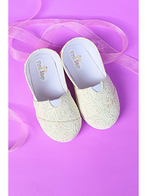 First Step Çiçek Desenli Keten Kız Bebek Babet Ayakkabı-BEYAZ-F-489 - S000112645-20063