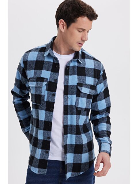 TUDORS Erkek Slim Fit Dar Kesim Uzun Kollu Kapaklı Çift Cepli Kareli Kışlık Oduncu Gömlek - S000493687-23173