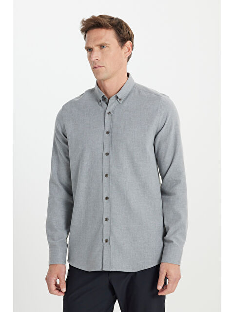 Altınyıldız Classics Erkek Açık Gri Pamuklu Flanel Slim Fit Dar Kesim Düğmeli Yaka Gömlek - S000402471-17308