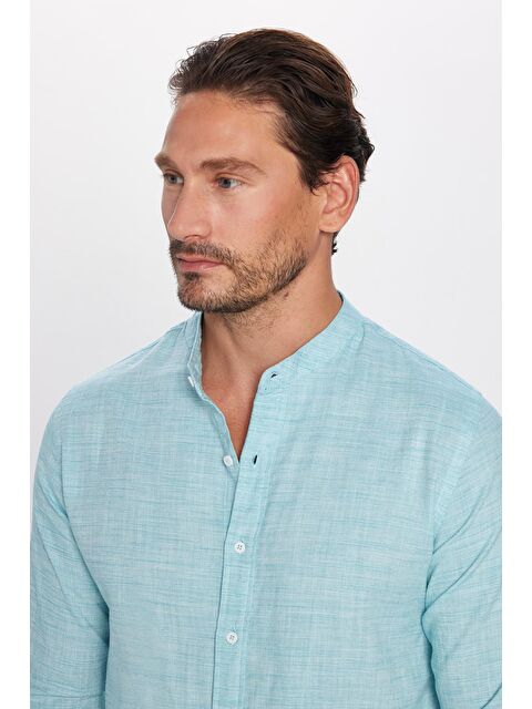 TUDORS Erkek Slim Fit Dar Kesim Uzun Kollu %100 Pamuk Keten Doku Hakim Yaka Mint Gömlek