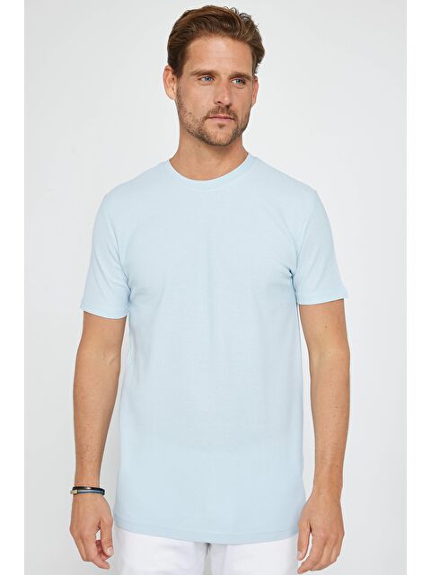TUDORS Erkek Slim Fit Dar Kesim %100 Pamuk Yumuşak Dokulu Desenli Mavi Bisiklet Yaka Tişört