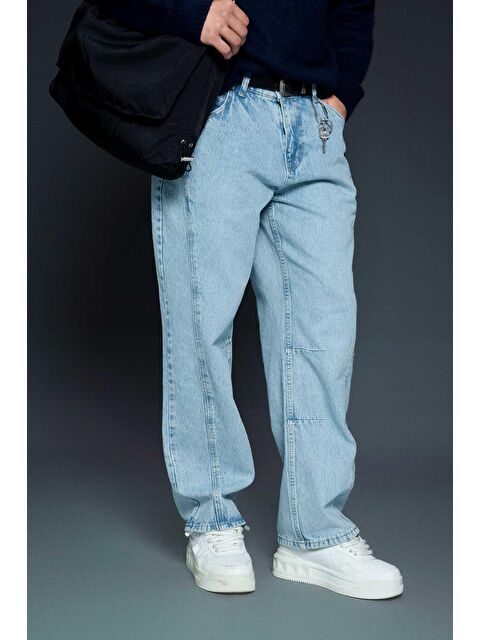Abluka Online Erkek Baggy Fit Dikiş Detaylı Jean Pantolon Açık Mavi - S000493691-17437