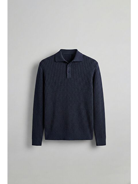 Abluka Online Erkek Slim Fit Polo Yaka Fitilli Örme Triko Kazak Lacivert - S000493692-21164