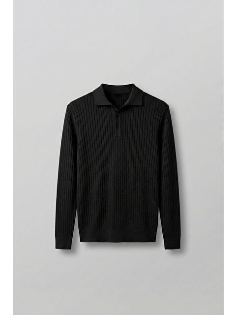 Abluka Online Erkek Slim Fit Polo Yaka Fitilli Örme Triko Kazak Siyah - S000493692-19351