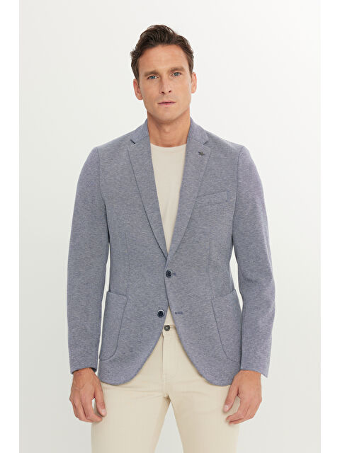 Altınyıldız Classics Erkek Lacivert Pamuklu Slim Fit Dar Kesim Mono Yaka Armürlü Torba Cepli Blazer Ceket