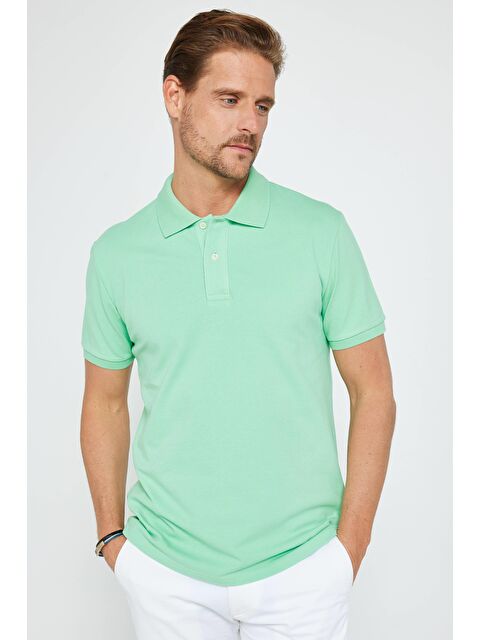 TUDORS Erkek Slim Fit Dar Kesim %100 Pamuk Düz Pike Mint Polo Yaka Tişört