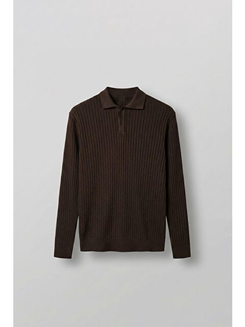 Abluka Online Erkek Slim Fit Polo Yaka Fitilli Örme Triko Kazak Kahverengi - S000493692-19413
