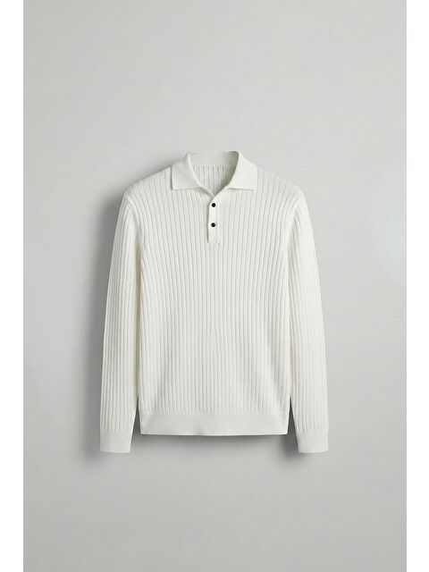 Abluka Online Erkek Slim Fit Polo Yaka Fitilli Örme Triko Kazak Ekru - S000493692-19965