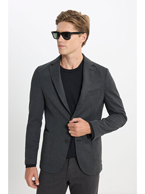 Altınyıldız Classics Erkek Siyah Slim Fit Dar Kesim Mono Yaka Desenli Torba Cepli Ceket - S000402483-19351