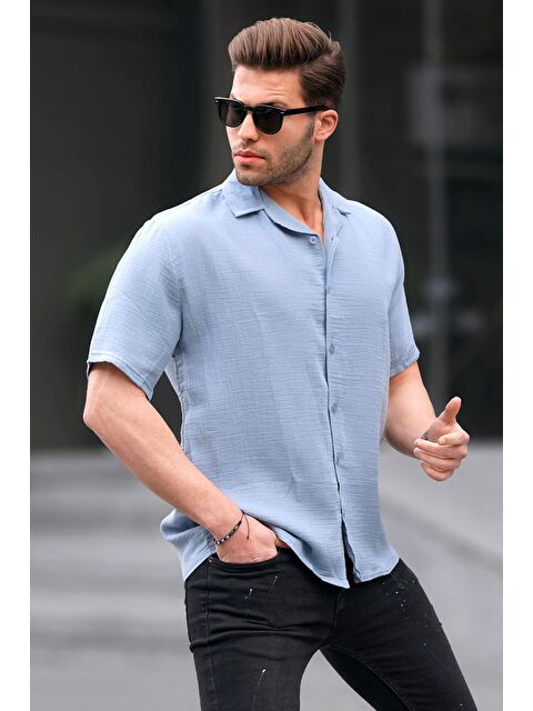 Madmext İndigo Kısa Kollu Erkek Gömlek 6706 - S000127577-23093