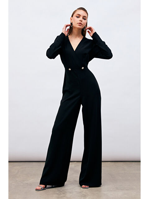 SATEEN Kruvaze Süs Taşlı Krep Tulum - Siyah - S000324363-19351