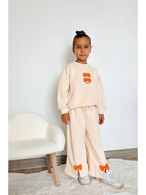 Monila Kız Çocuk 3 İplik Pamuklu Kumaş Kurdele Detaylı Sweatshirt Ve Geniş Paça Eşofman Altı Alt Üst Takım - S000514841-19928
