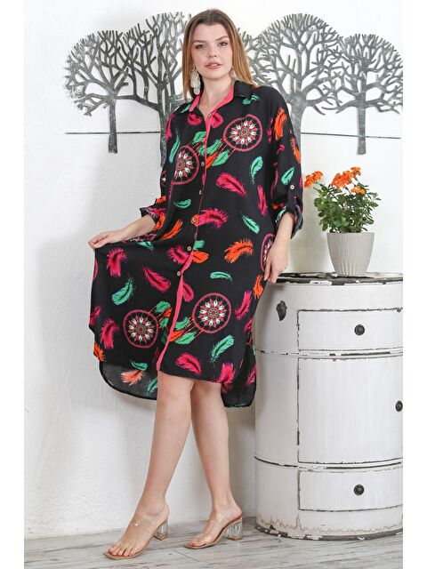 Chiccy Siyah Gömlek Yaka Uzun Kol Düğmeli Gizli Cepli Allover Baskılı Dokuma Casual Elbise - S000358946-19351