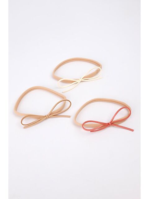 Le Mabelle Ekru Bej Gülkuru Deri Fiyonk 3'lü Kız Çocuk Saç Bandı Set - S000237070-23173