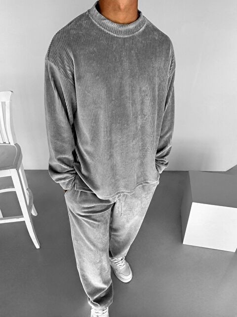 Abluka Online Erkek Oversize Yuvarlak Yaka Fitilli Kadife Sweatshirt Gri - S000279714-20600