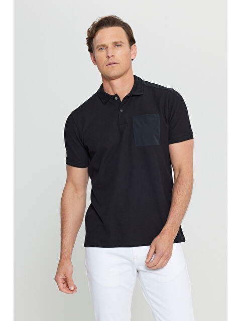 Altınyıldız Classics Erkek Siyah Pamuklu Slim Fit Dar Kesim Polo Yaka Esnek Tişört