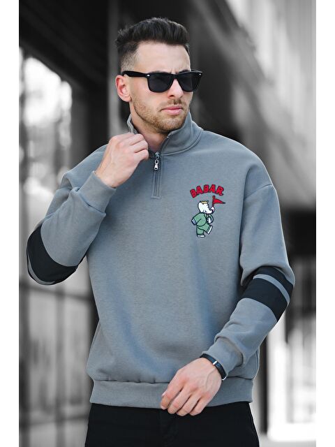 Oksit Babar Üç İplik Şardonlu Nakışlı Fermuarlı Dik Yaka Oversize Erkek Sweatshirt - S000125245-29666