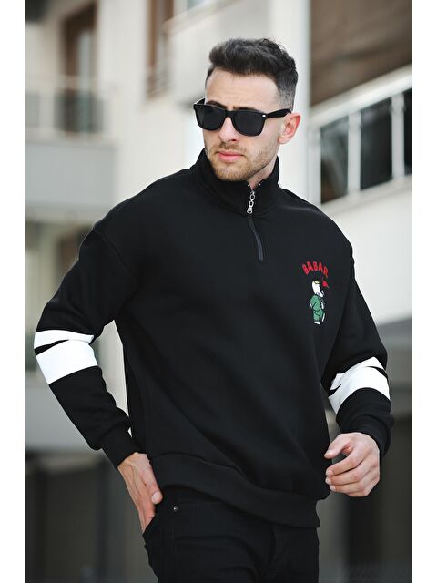 Oksit Babar Üç İplik Şardonlu Nakışlı Fermuarlı Dik Yaka Oversize Erkek Sweatshirt - S000125245-19351