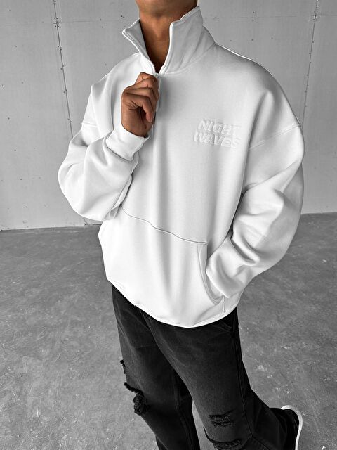 Abluka Online Erkek Oversize Yarım Fermuarlı Dik Yakalı Baskılı Sweatshirt Ekru - S000295381-19965
