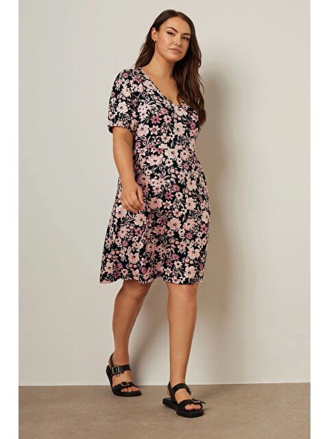 Stil Diva Büyük Beden V Yaka Kısa Kollu Çiçek Desenli Mini Elbise 137983 - S000380034-19351