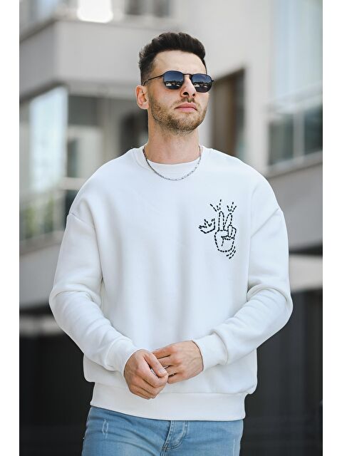 Oksit Üç İplik Şardonlu Sırt Baskılı Bisiklet Yaka  Erkek Sweatshirt - S000125170-19965