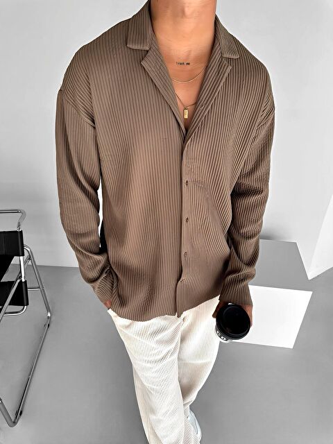 Abluka Online Erkek Oversize Fitilli Apaş Yaka Gömlek Kahverengi - S000295385-19413