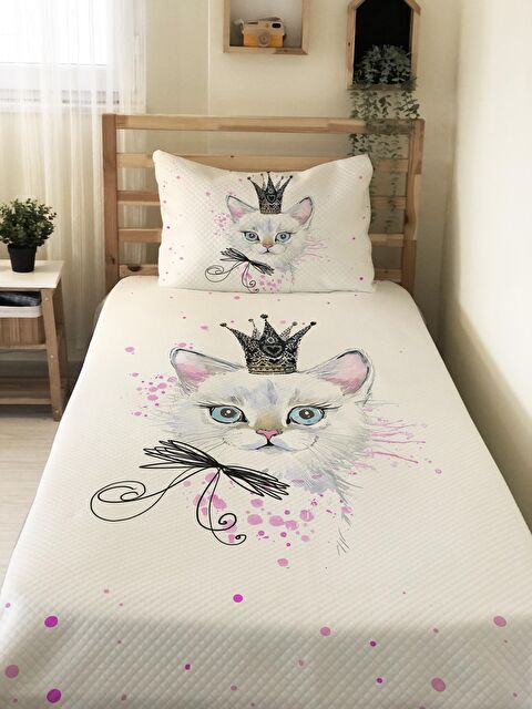 Evmila Kedi Desenli, Baskılı Tek Kişilik ve Çocuk Pike Takımı 160x220 Cm - S000123622-23173
