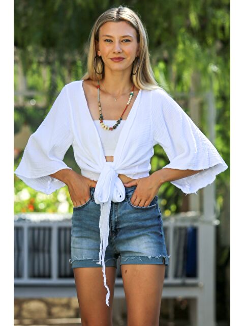 Chiccy Organik Pamuk Beyaz 3/4 Kol Bağlamalı Yıkamalı Dokuma Casual Müslin Kimono Ceket - S000360064-20063