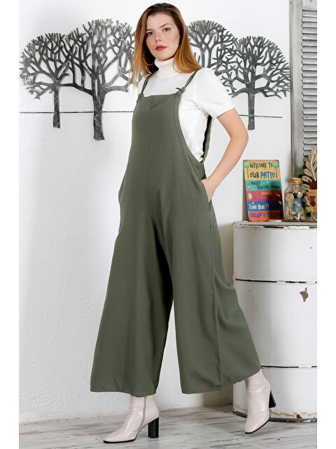 Chiccy Haki Askılı Bağlamalı Çift Cepli Yıkamalı Geniş Paça Casual Salaş Dokuma Tulum - S000360066-18547