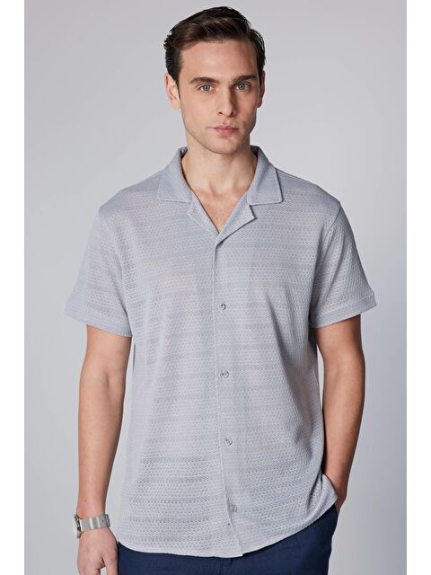 TUDORS Slim Fit Kısa Kollu Dar Kesim Apaj Yaka Örme Kumaş Yazlık Gri Erkek Gömlek