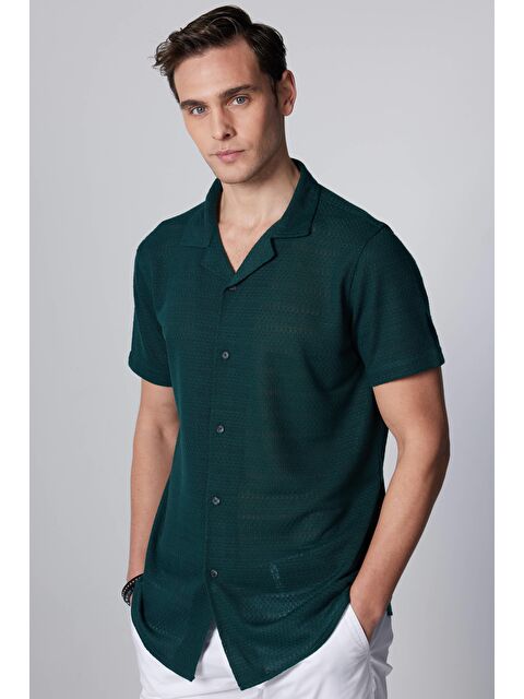 TUDORS Slim Fit Kısa Kollu Dar Kesim Apaj Yaka Örme Kumaş Yazlık Petrol Erkek Gömlek