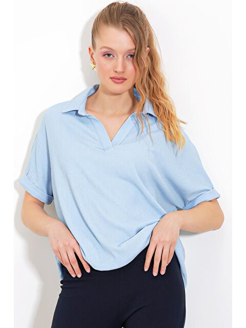 Bigdart Kadın Mavi Oversize Polo Yaka Örme Bluz 0486 - S000162366-17234