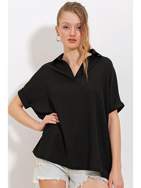Bigdart Kadın Siyah Oversize Polo Yaka Örme Bluz 0486 - S000162366-19351