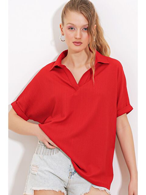 Bigdart Kadın Kırmızı Oversize Polo Yaka Örme Bluz 0486 - S000162366-20045