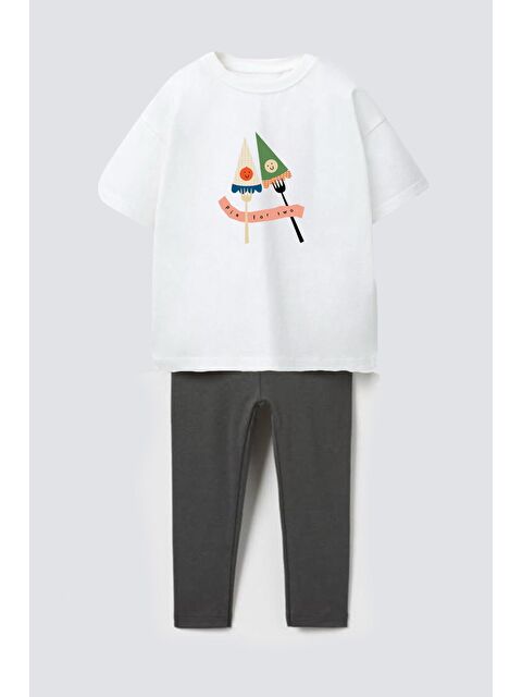 Monila Kız Çocuk Pamuklu Baskılı T-Shirt Ve Antrasit Fitilli Tayt 2'Li Takım - S000514860-19965