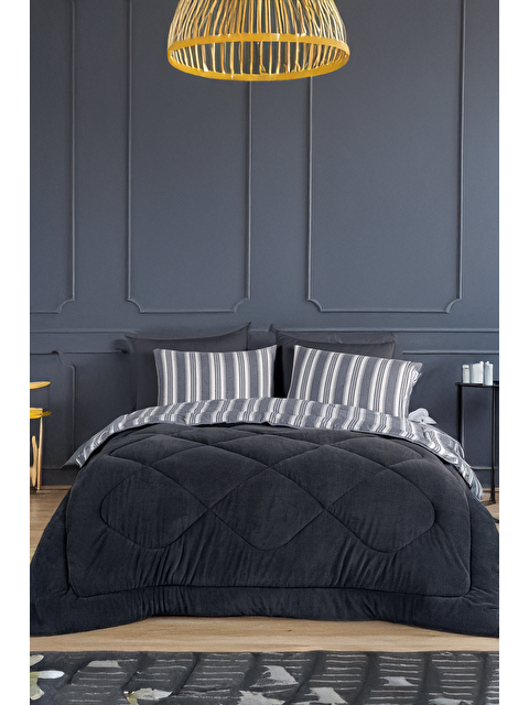 UPSTYLE Uyku Seti Wellsoft Yorganlı Pofuduk 4 Parça Çift Kişilik Soft Line Antrasit