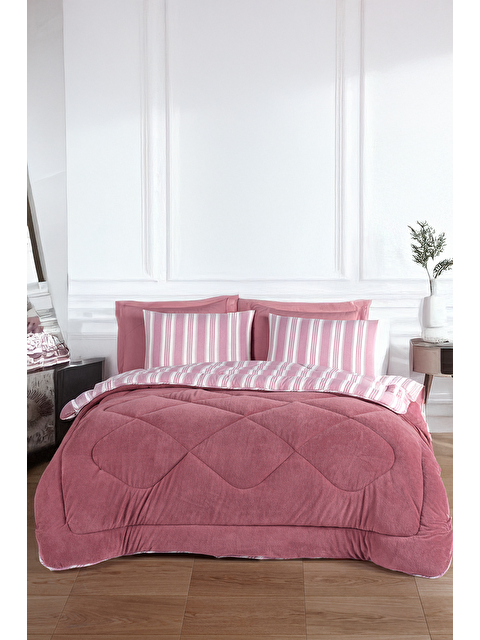 UPSTYLE Uyku Seti Wellsoft Yorganlı Pofuduk 4 Parça Çift Kişilik Soft Line Bordo