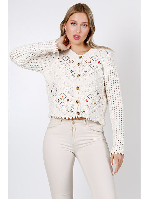 Chiccy Ekru V Yaka Uzun Kol Düğmeli Nakışlı Triko Hırka - S000360073-19965