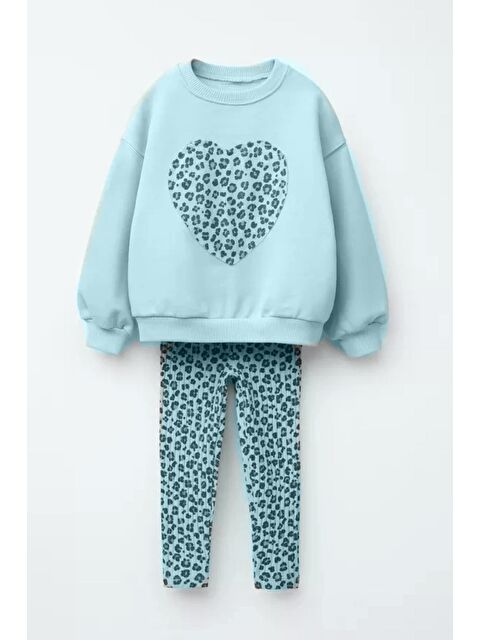 Monila Kız Çocuk 3 İplik Pamuklu Kumaş Kalp Detaylı Sweatshirt Ve Tayt Alt Üst Takım - S000514864-17234