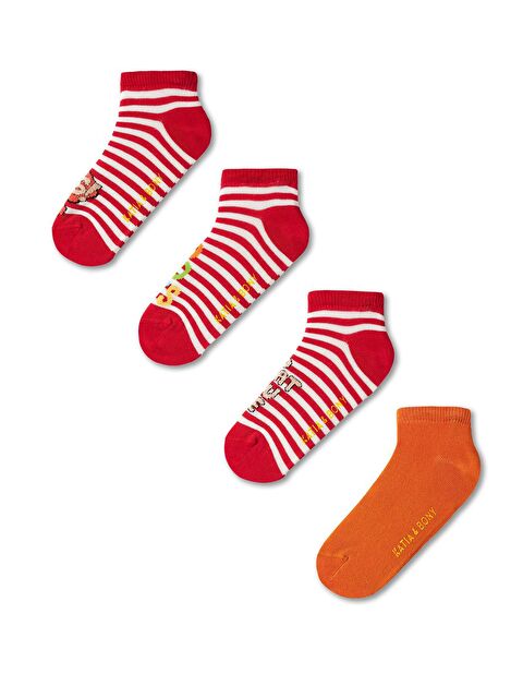 Katia And Bony Çocuk Basklı Kırmızı Beyaz Çizgili 4'lü Paket Patik Çorap - S000152546-20045