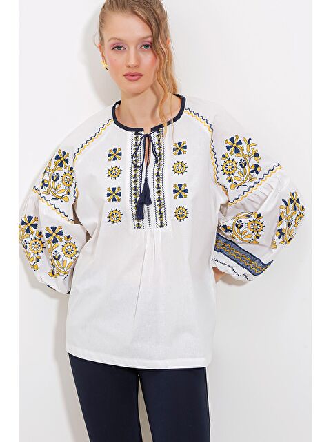 Bigdart Kadın Hardal Ekru Nakışlı Keten Görünümlü Bluz 902 - S000156853-20074