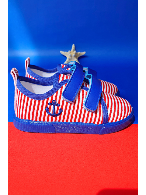 First Step Kırmızı Çizgili Çocuk Keten Spor Ayakkabı Saks-F-496 - S000112655-23710