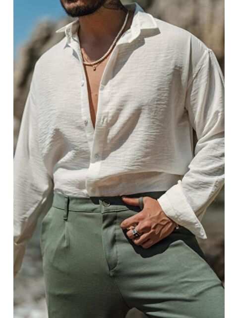 Tarz Cool Erkek Uzun Kollu Gömlek Yaka Keten Oversize Gömlek - S000232253-20063