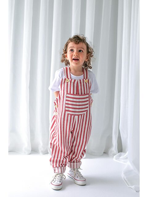 Catz Kids Erkek Çocuk Kırmızı Beyaz Çizgili Keten Velvet Tulum - S000176507-37232
