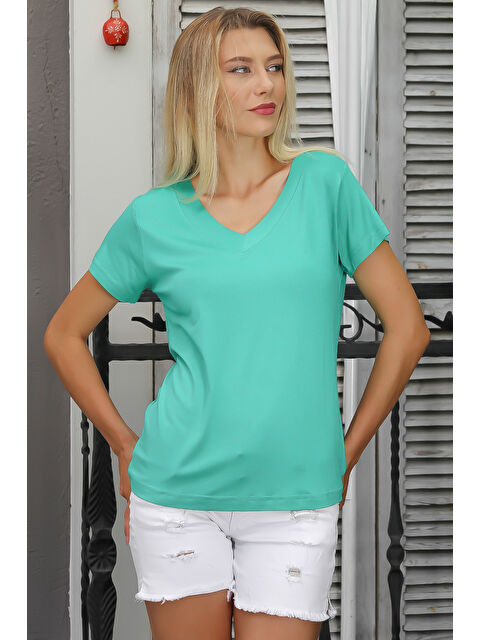 Chiccy Açık Yeşil V Yaka Kısa Kol Düz Renk Örme Tişört - S000360079-29488