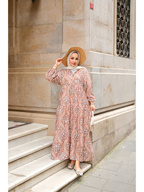 Locco Moda Kadın Buğlem Desenli Elbise Kahverengi - S000380044-19413